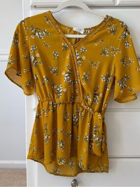 Sienna Sky Mustard Floral Tie-Waist Blouse
